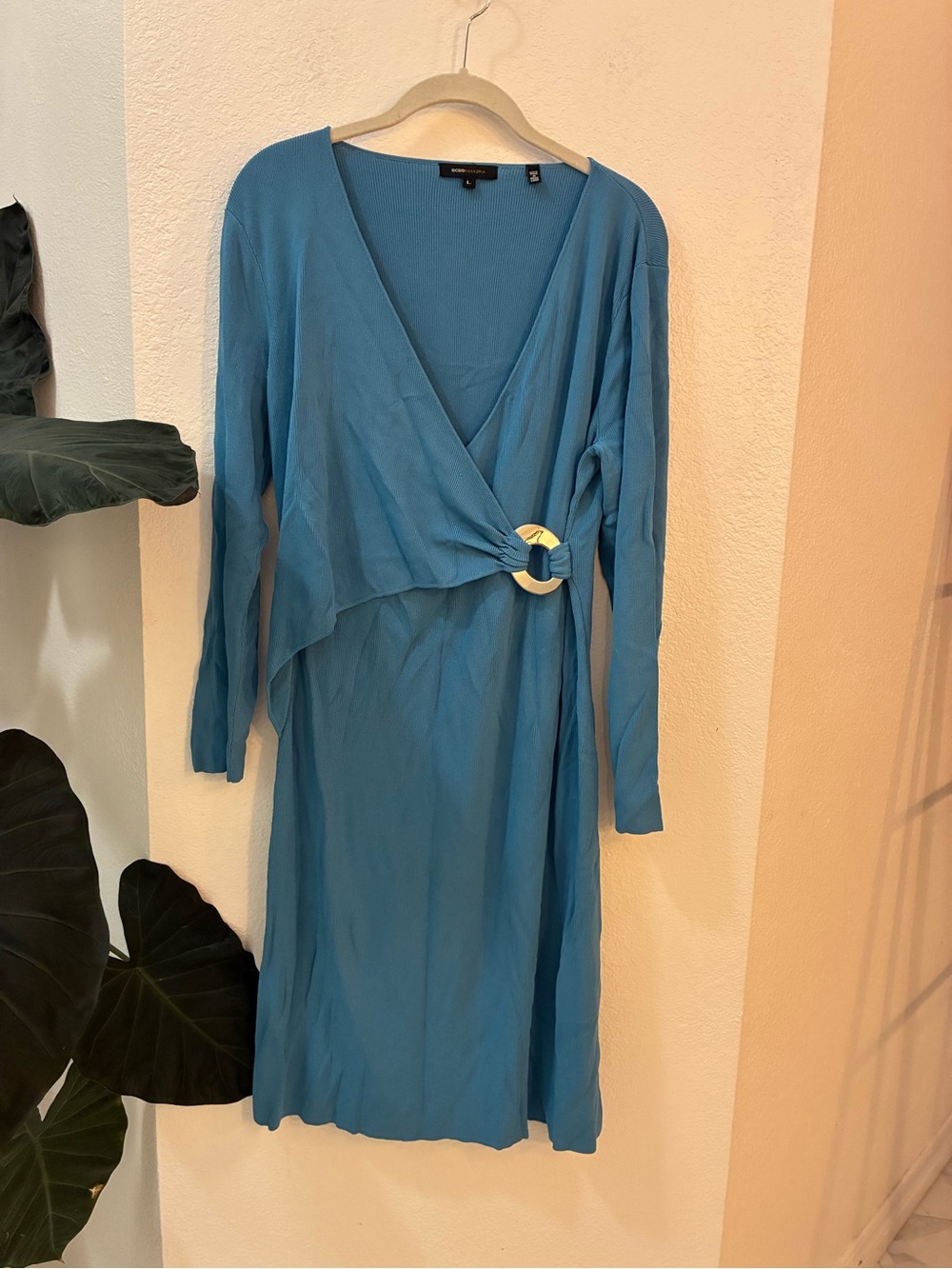 BCBGmaxazria Wrap-Style Long Sleeve Dress With Silver Buckle Pretty Turquoise